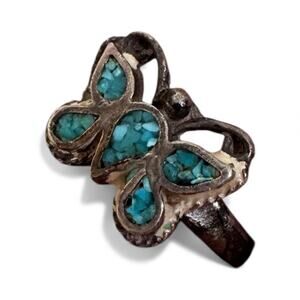 Vintage Native American Silver Turquoise Inlay Butterly Ring Womens 7.5 Estate